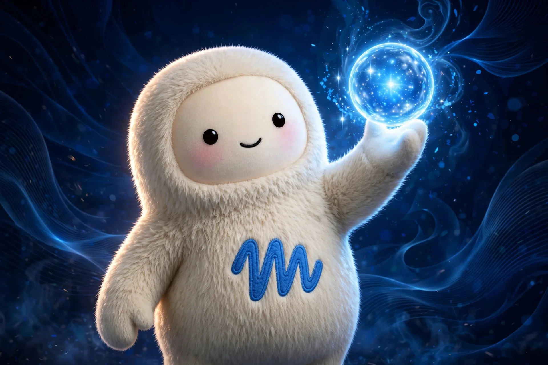 La mascota de Muse presentando el orbe azul hacia el espectador