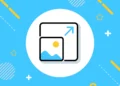 Ilustración de icono de redimensionar imagen en fondo azul con elementos geométricos