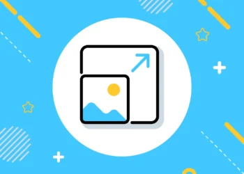 Ilustración de icono de redimensionar imagen en fondo azul con elementos geométricos