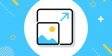 Ilustración de icono de redimensionar imagen en fondo azul con elementos geométricos
