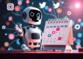 Un simpático robot hace gestos hacia un calendario de escritorio, rodeado de iconos flotantes de redes sociales como Instagram, Twitter y YouTube, que simbolizan la programación digital y la gestión de las redes sociales.