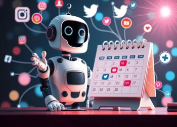 Un simpático robot hace gestos hacia un calendario de escritorio, rodeado de iconos flotantes de redes sociales como Instagram, Twitter y YouTube, que simbolizan la programación digital y la gestión de las redes sociales.