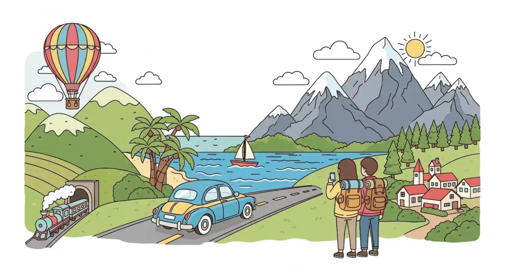 Dos personas con mochilas se enfrentan a un paisaje escénico con montañas, un lago, un velero, un pueblo, una carretera con un coche azul, un globo aerostático, árboles y un tren que sale de un túnel bajo un cielo soleado.